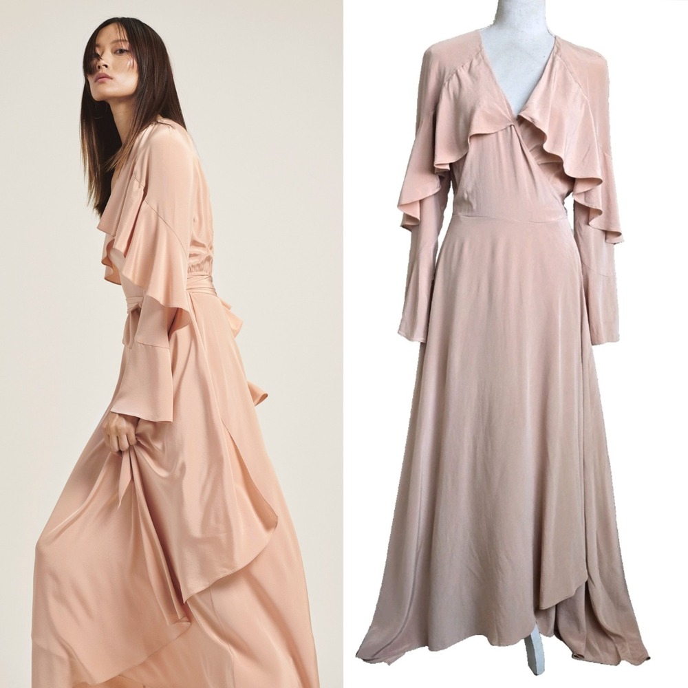 Diane von‎ Furstenberg Spring 2019 Pink Ruffle Maxi Wrap Long Sleeve Dress Small